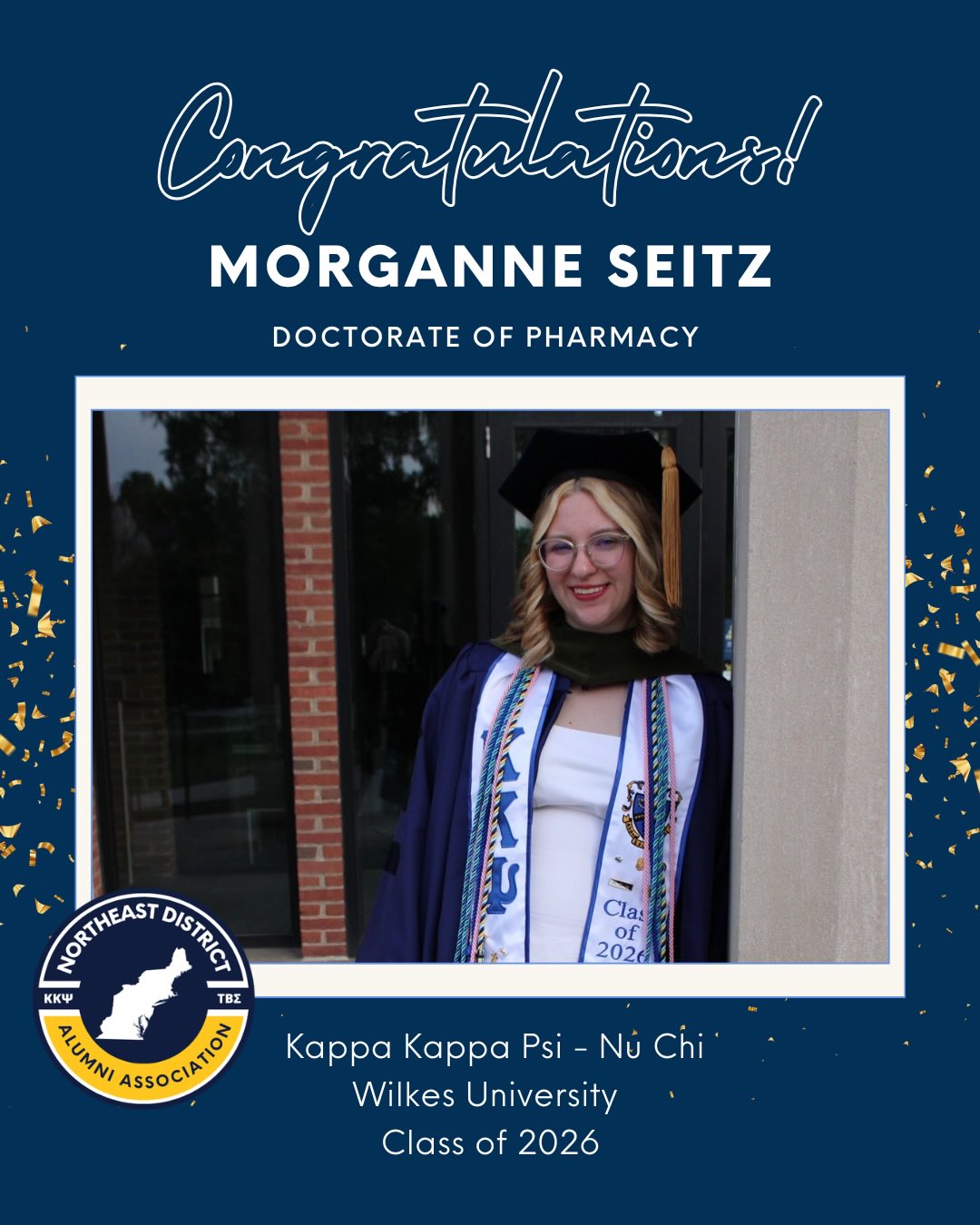 Class of 2026 Graduation Shoutout
•
Congratulations to Morganne Seitz of the Nu Chi Chapter of Kappa Kappa Psi at Wilkes University. She graduated with a Doctorate in Pharmacy. Post-graduation, she’s most excited about staying involved in KKΨ and continuing to give back to an organization that has given so much to them! Congratulations, Morganne! 🎓📚🎉
•
Want NEDAA to celebrate your graduation? Fill out the link in our bio!