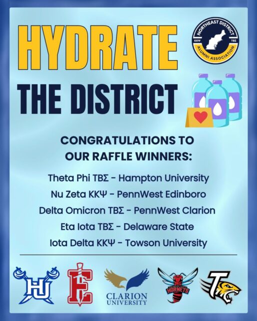 Announcing the winners of our Hydrate the District raffle! π¦ Congratulations to the following chapters:
Theta Phi - Hampton University
Nu Zeta - PennWest Edinboro
Delta Omicron - PennWest Clarion
Eta Iota - Delaware State
Iota Delta - Towson University
A member of the council will reach out to your chapter soon to coordinate dropping off hydration supplies for band camp.