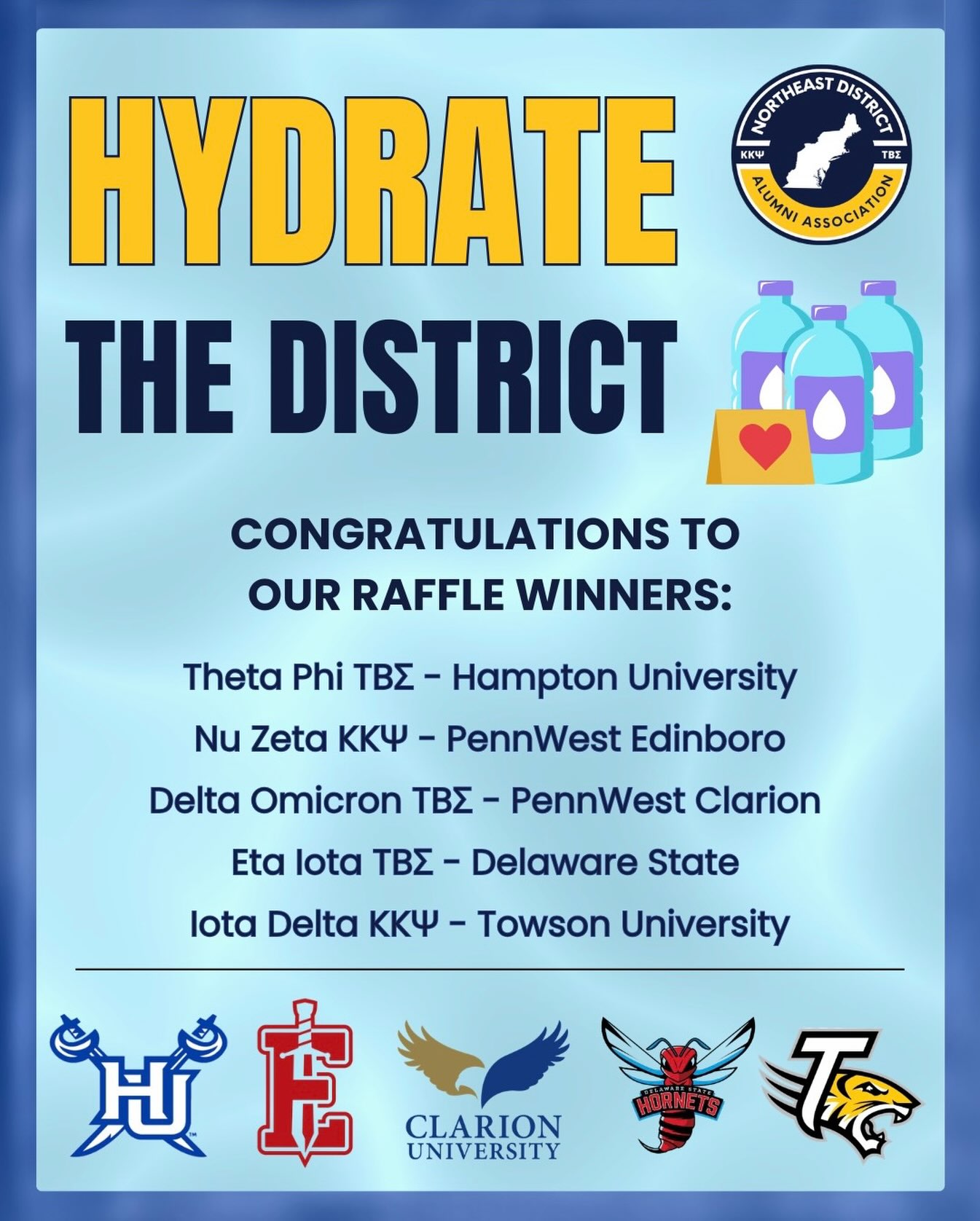 Announcing the winners of our Hydrate the District raffle! π¦ Congratulations to the following chapters:
Theta Phi - Hampton University
Nu Zeta - PennWest Edinboro
Delta Omicron - PennWest Clarion
Eta Iota - Delaware State
Iota Delta - Towson University
A member of the council will reach out to your chapter soon to coordinate dropping off hydration supplies for band camp.